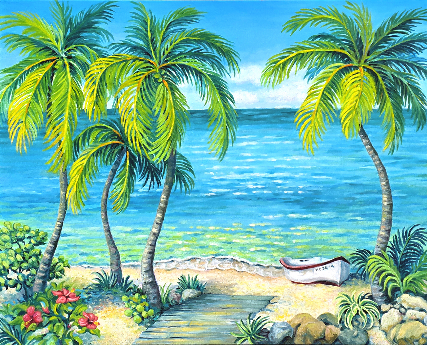 Palm Paradise - A colorful Caribbean beach setting with palm trees, a wooden walkway to the beach, which has a small wilte boat with red trim. These are set with a background of azure sea and blue skies with puffy white clouds. 